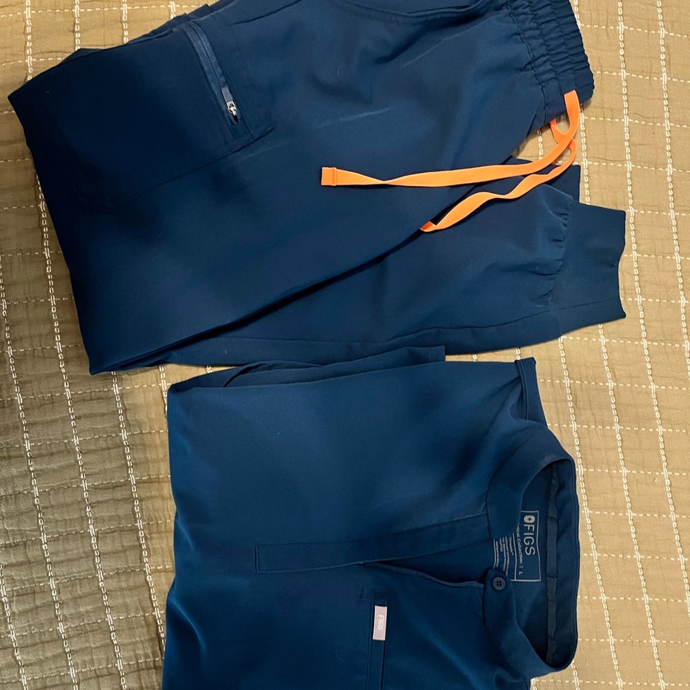 Figs Deep Blue Scrub Set with Bright Orange Ties